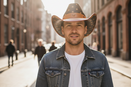 A cowboy hat with a design resembling the American flag, primarily in black, white, and gray colors.