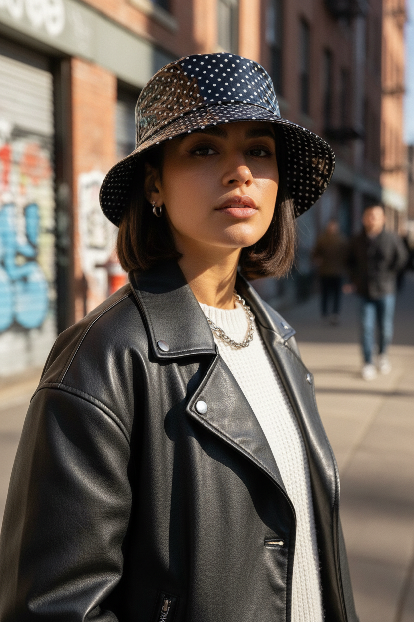 Black polka dot bucket hat on a white background