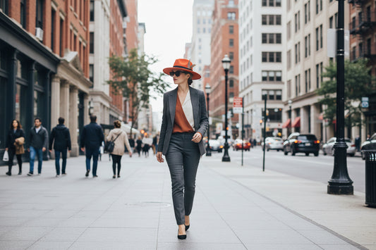 Orange fedora hat with a black band and feather detail on a white background