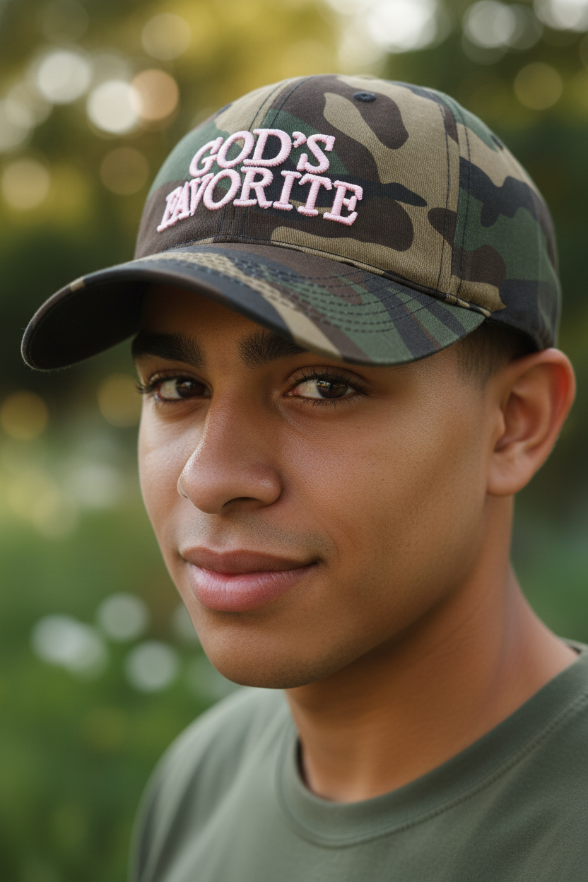 Camouflage baseball cap with 'GOD'S FAVORITE' in pink on a light gray background