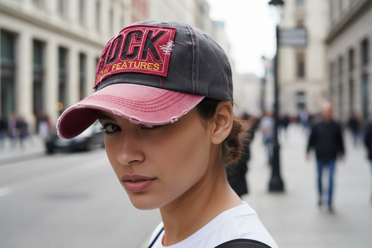 A collection of baseball caps in various colors, each featuring an embroidered pattern with the text 'LUXURIOUS' and 'FASHION FEATURES'. The caps are displayed in black, brown, yellow, gray, and blue colors.