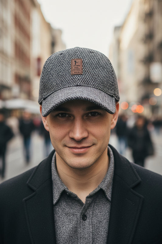 Gray textured baseball cap with a brown leather patch on a white background