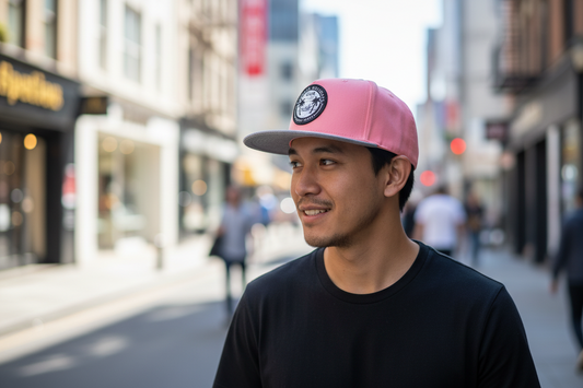 Pink and gray cap with a logo on a white background
