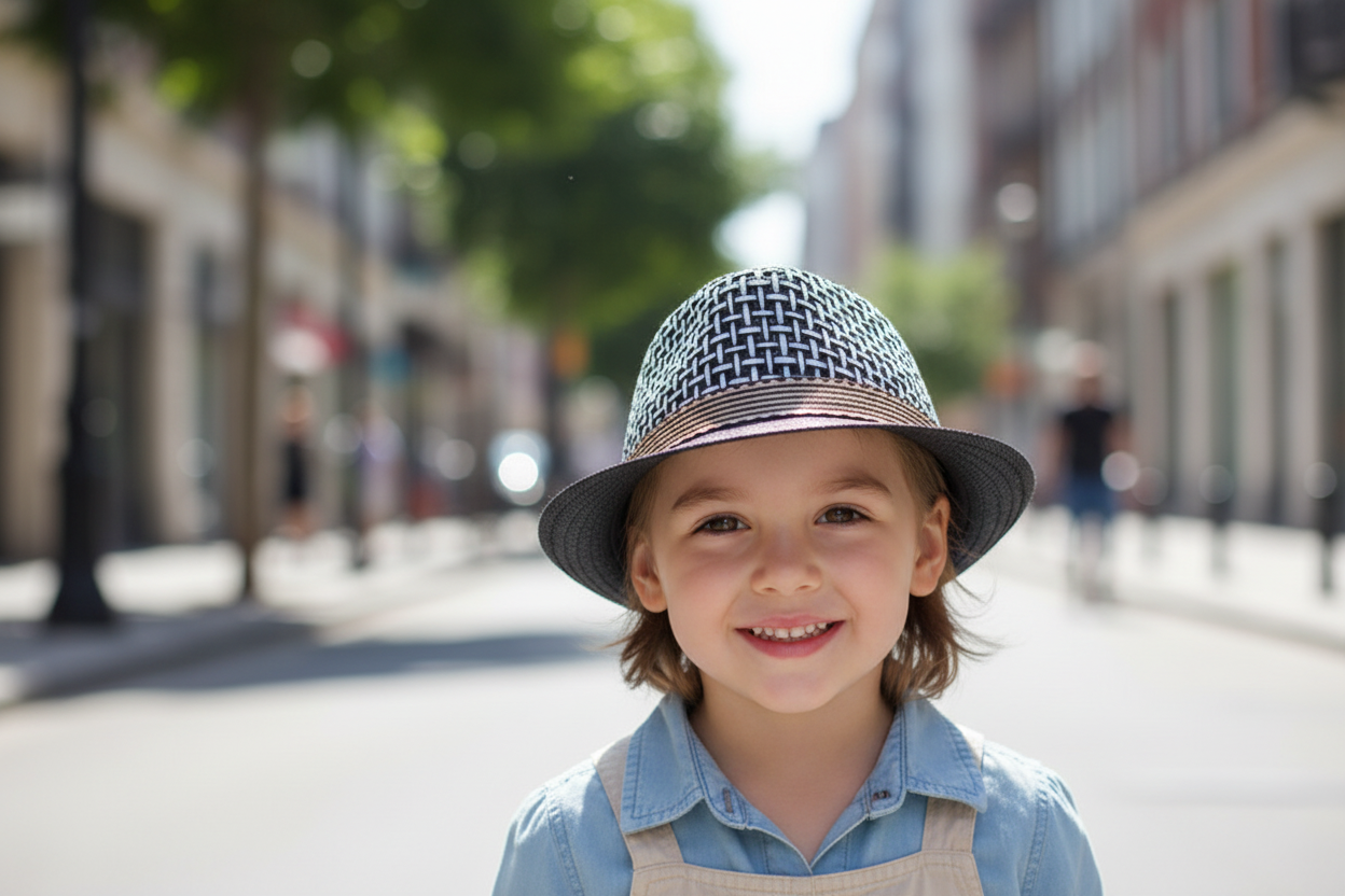 Black and white patterned fedora hat on a light background
