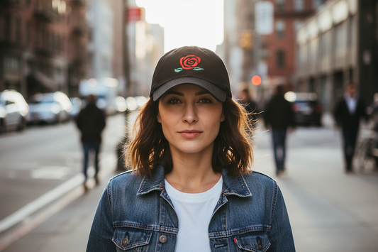 Black cap with a red rose embroidered on a white background