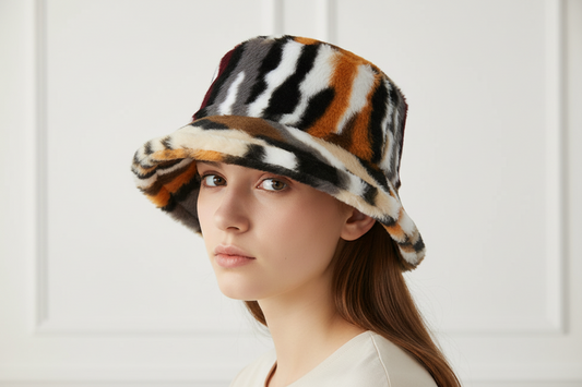A multicolored geometric patterned plush bucket hat.