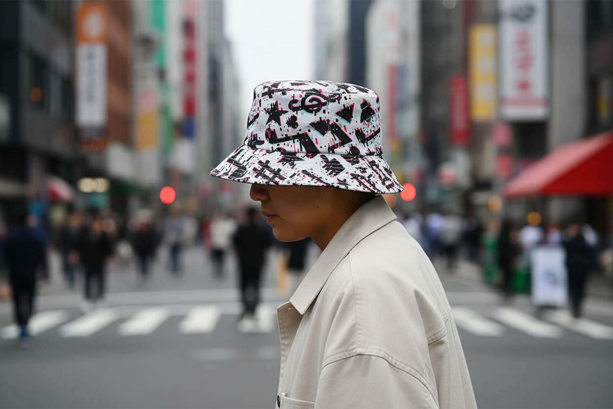 Bucket hat with geometric pattern on a white background