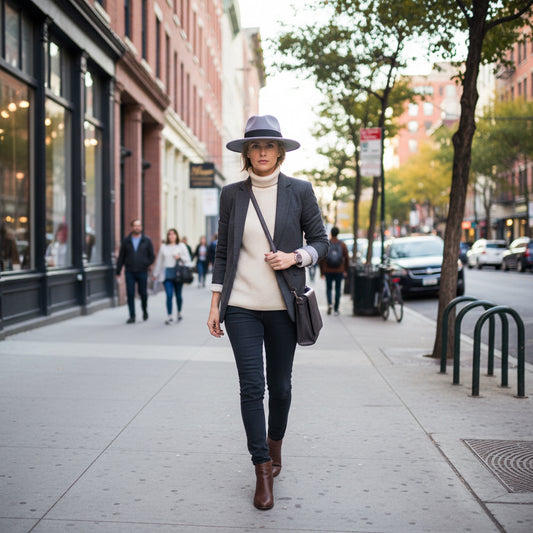 Gray fedora hat with a black band on a white background