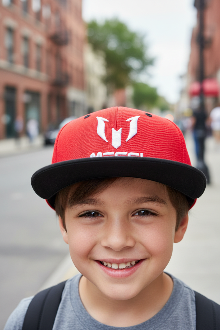 Red and black cap with Messi logo on a white background