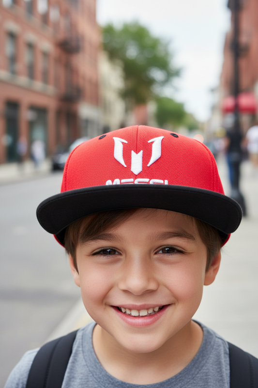 Red and black cap with Messi logo on a white background