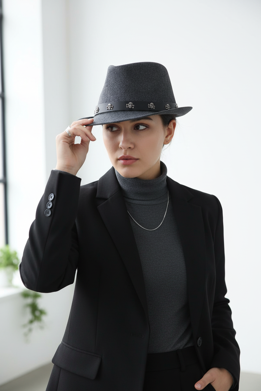 Elizabeth Wool Fedora Hat with Band, Adjustable