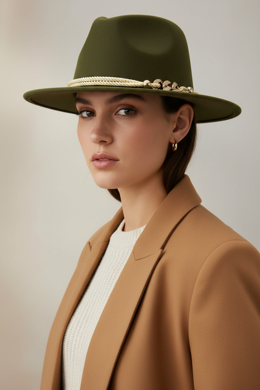 Wool Fedora Hat with Chain – Solid Color, Medium