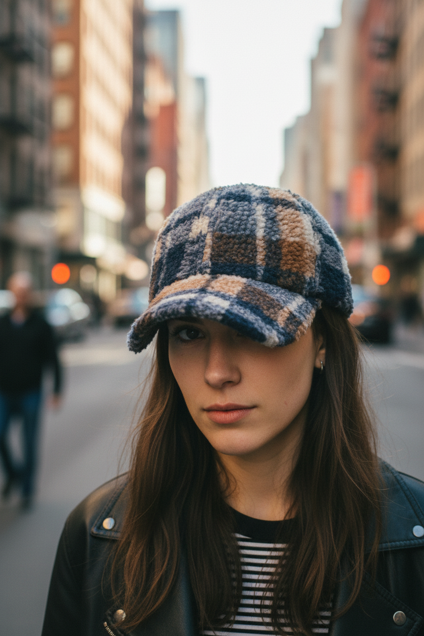 A collection of four plaid patterned baseball caps in different colors.