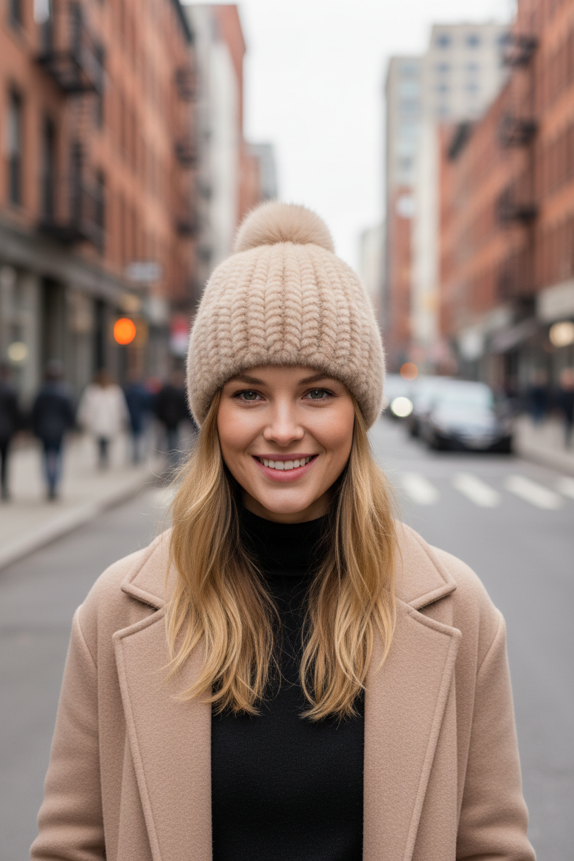 Beige knitted beanie with a fluffy pom-pom on a white background