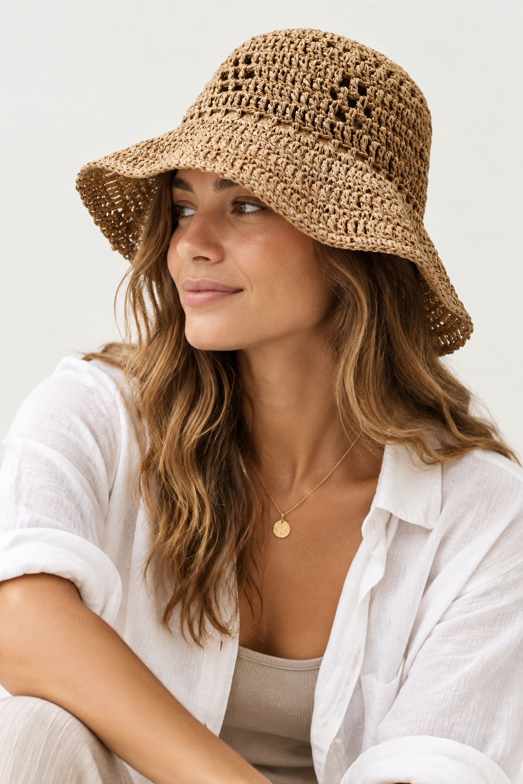 Crocheted Straw Bucket Hat – Women's Medium Sun Hat