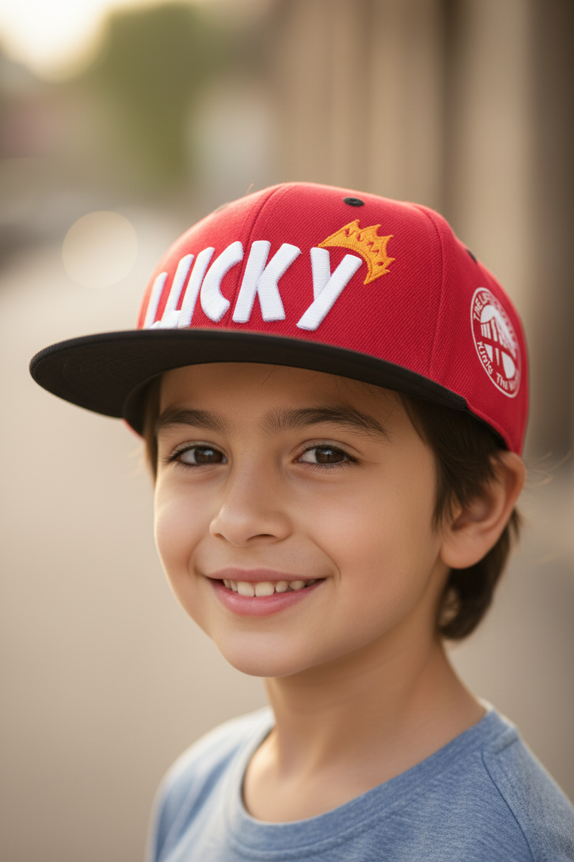 Red and black cap with 'LUCKY' branding on a white background