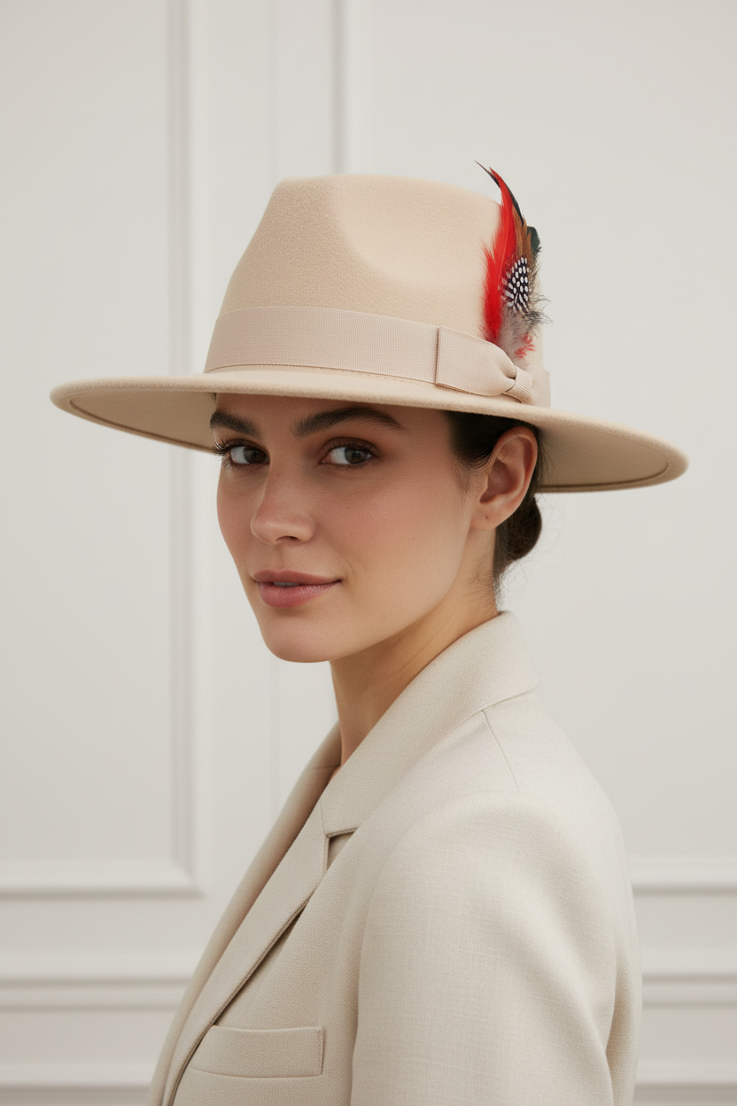 Metro Broad Brim Fedora Hat with Feather, Cotton Wool, Medium