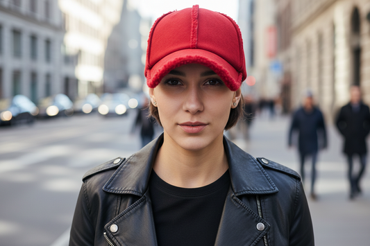 Red baseball cap with earflaps on a white background