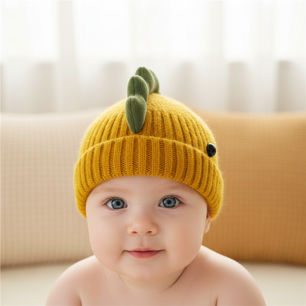 A child wearing a yellow knitted hat with a dinosaur pattern on the side.