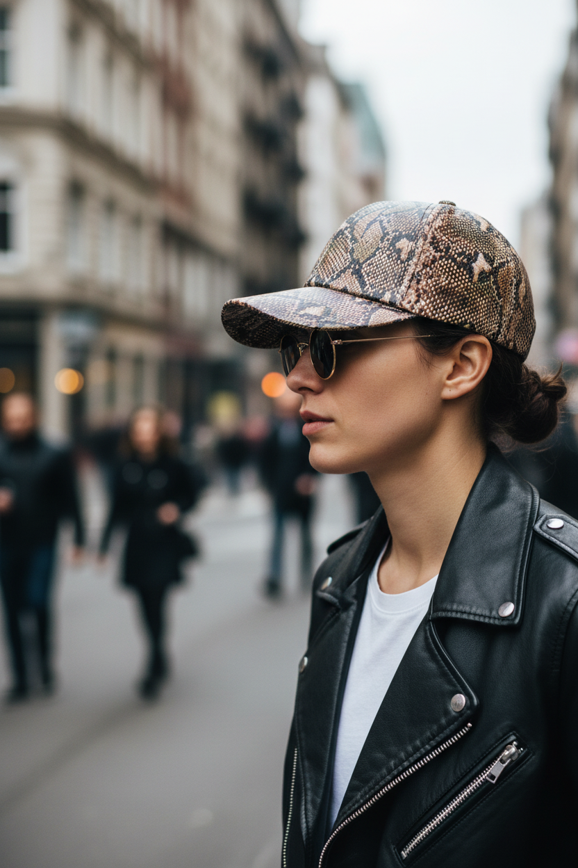 Snakeskin-patterned cap on a light gray background