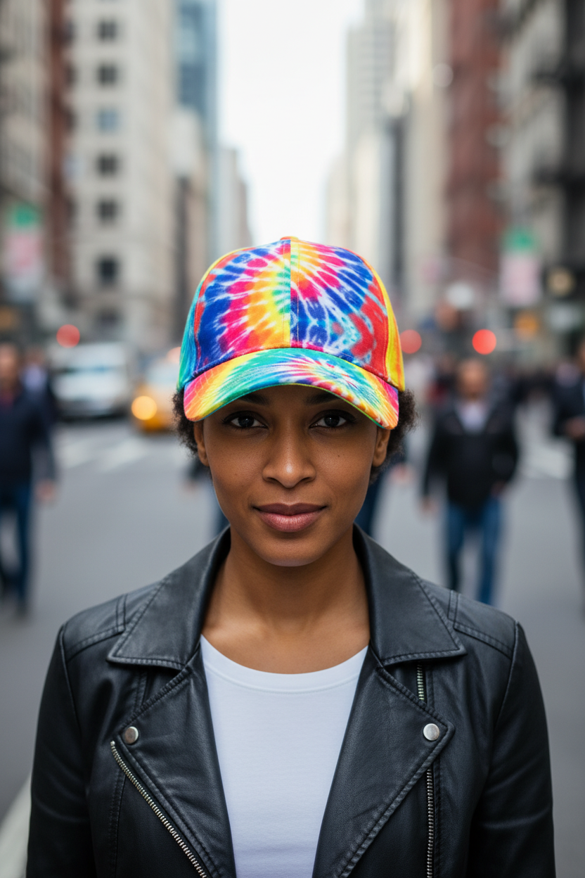 A colorful tie-dye patterned cap with a dome shape displayed against a neutral background.