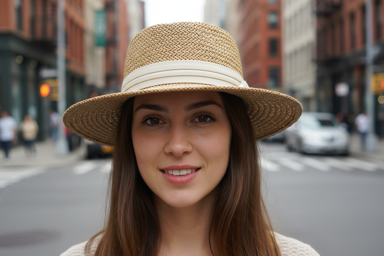 Beige straw hat with a white band on a white background