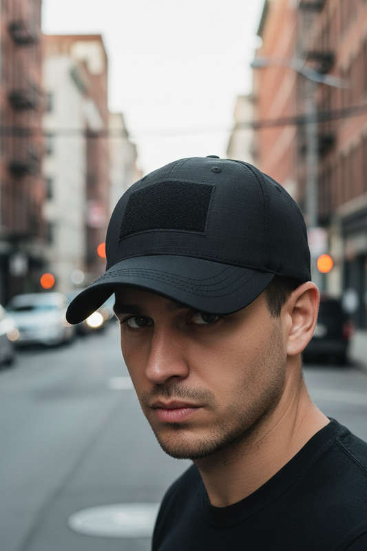 Black baseball cap with a patch on a white background
