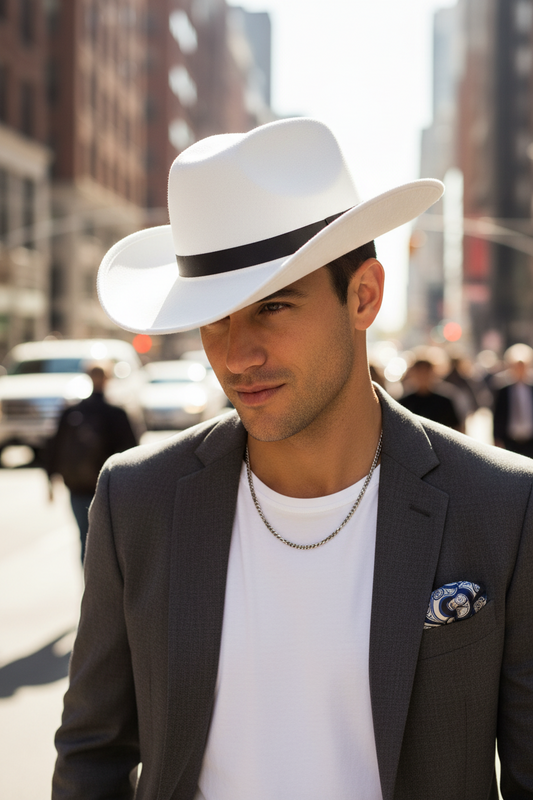White cowboy hat with a black band on a white background