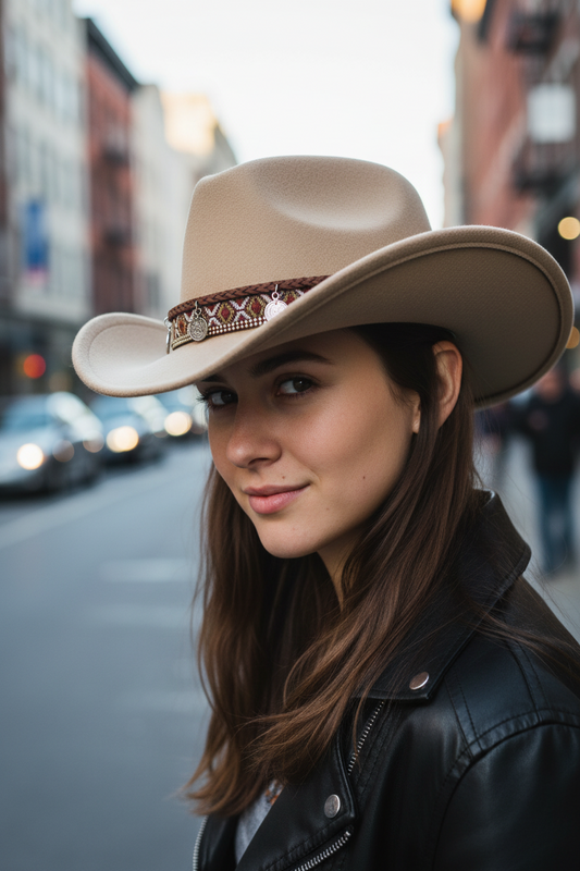 Beige cowboy hat with a decorative band on a white background