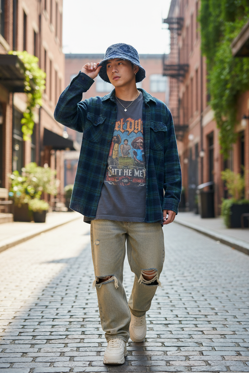 St Paul Denim Bucket Hat with Star Pattern – Raw Edge, Medium