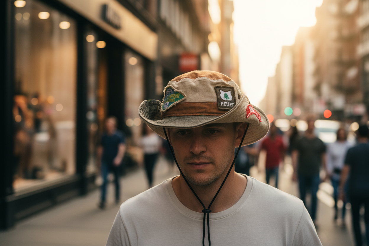 Camouflage hat with patches on a white background