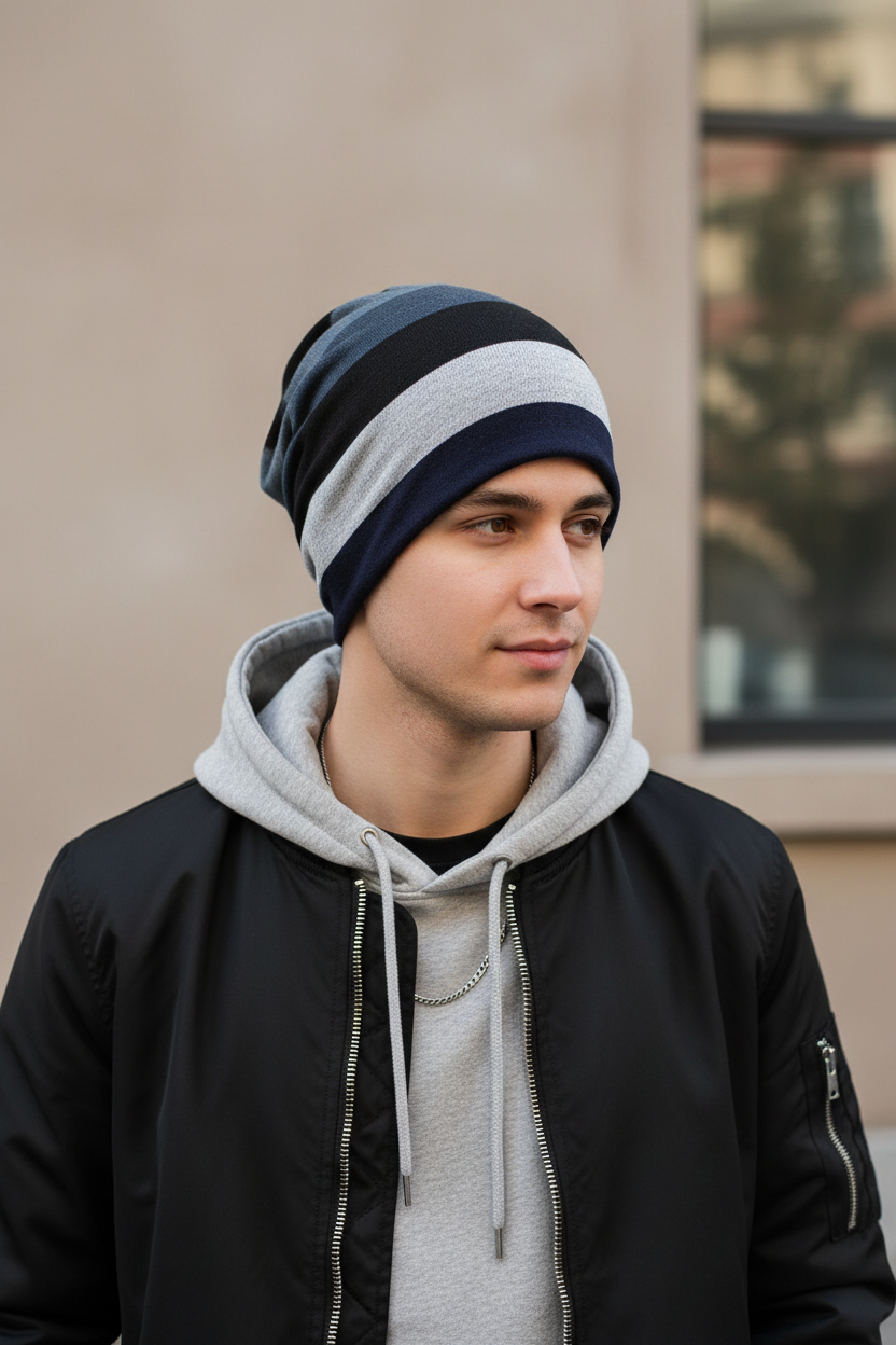 Haney Striped Cashmere Ear Protection Beanie Hat