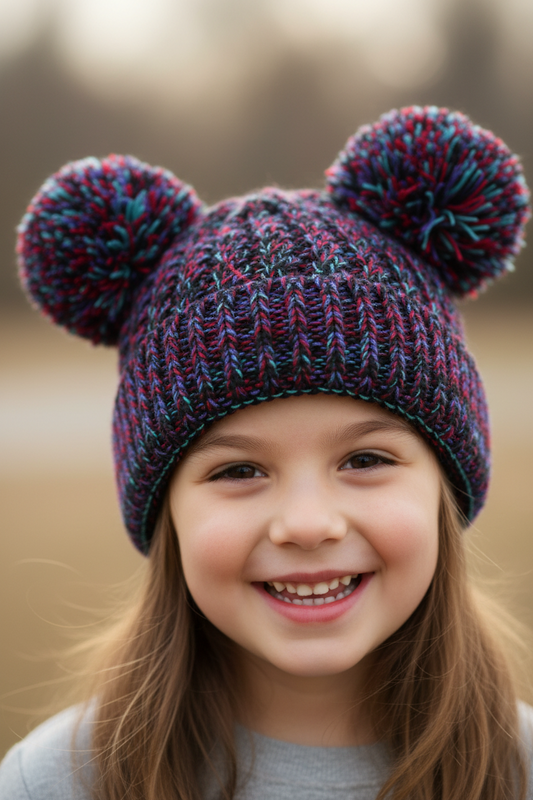 Multicolored knit beanie with two large pom-poms on a beige background