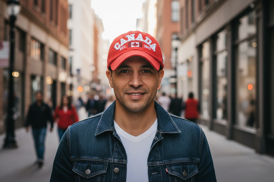 A collection of baseball caps with 'CANADA' embroidery in different colors.