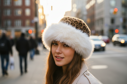 White beanie with a leopard print top on a light gray background