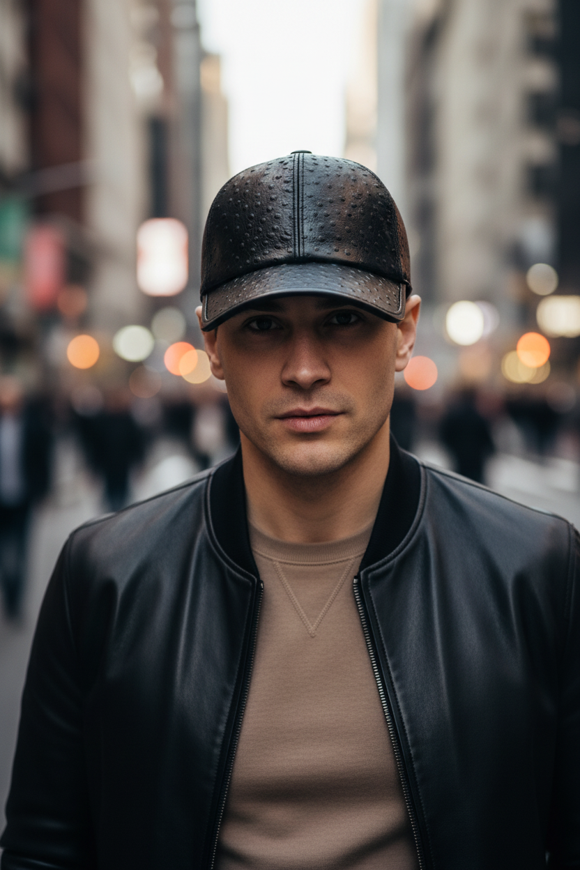 Black textured leather baseball cap on a white background