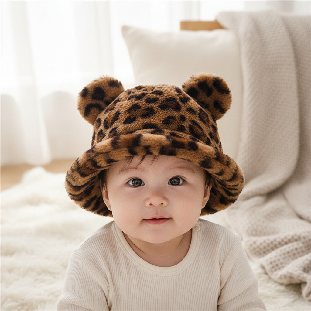 Two children's hats, one with a leopard print design and the other in a solid beige color, displayed on a surface with a magazine in the background.