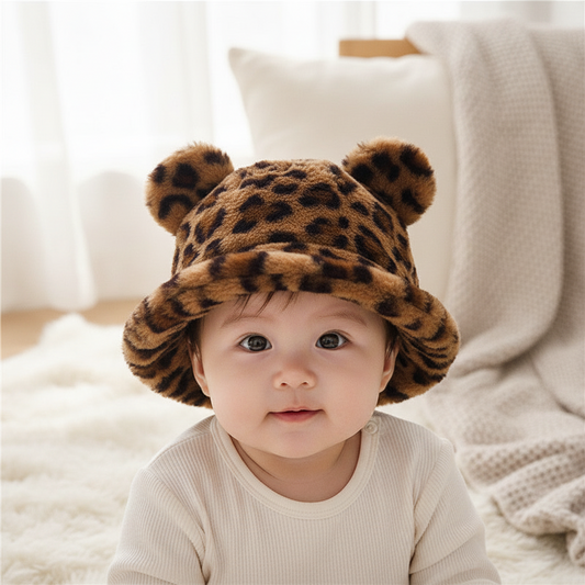 Two children's hats, one with a leopard print design and the other in a solid beige color, displayed on a surface with a magazine in the background.