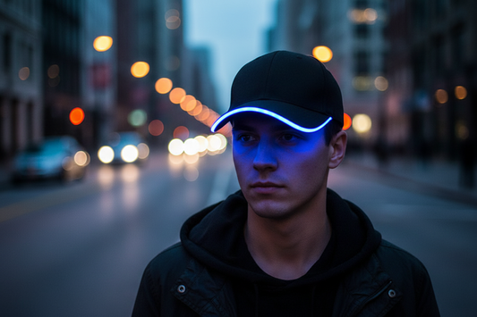 Black cap with blue LED lighting on a dark background