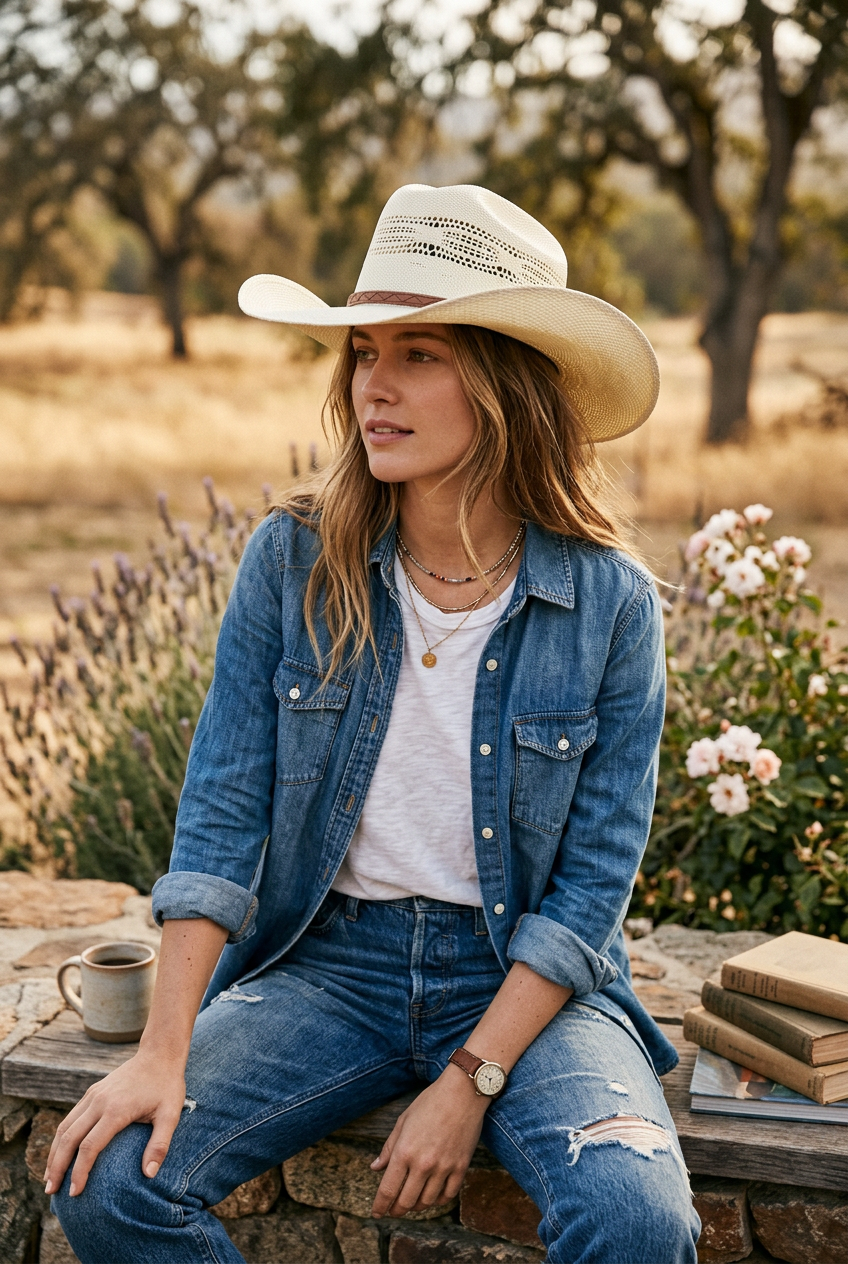 Kranning Papyrus Cowboy Sun Hat, Wide Brim, Adjustable