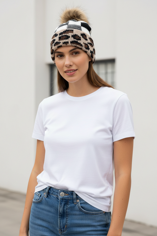 Leopard Plaid Acrylic Stocking Cap | Warm Windproof Beanie