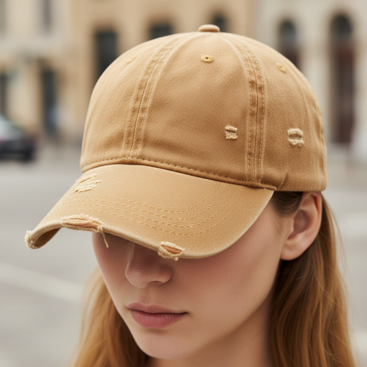 Beige distressed baseball cap on a white background