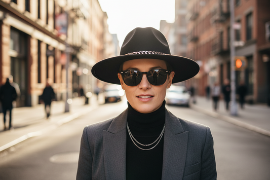 A beige woolen top hat with a satin band and metallic chain detail on the brim.