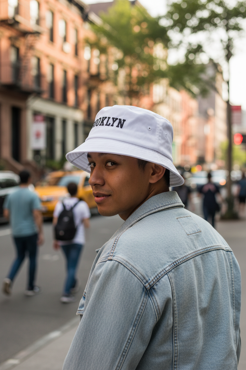 White bucket hat with 'Brooklyn' text on a black frame against a white background