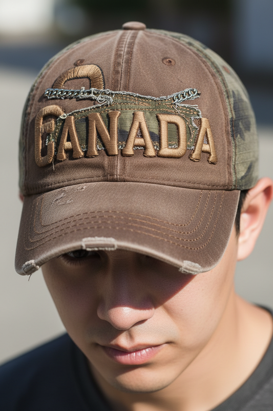 A camouflage patterned baseball cap with embroidery on it, displayed in an upright position.