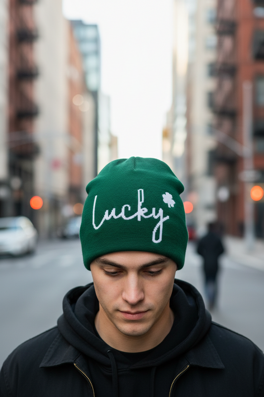 Green beanie with 'lucky' and a clover leaf on a white background