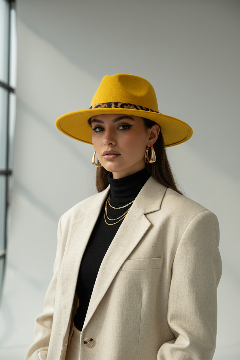 Leopard Band Wool Felt Fedora Hat – Flat Brim Unisex