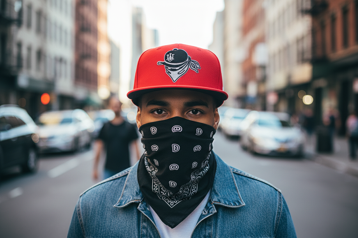 Red cap with black and gray logo on a white background