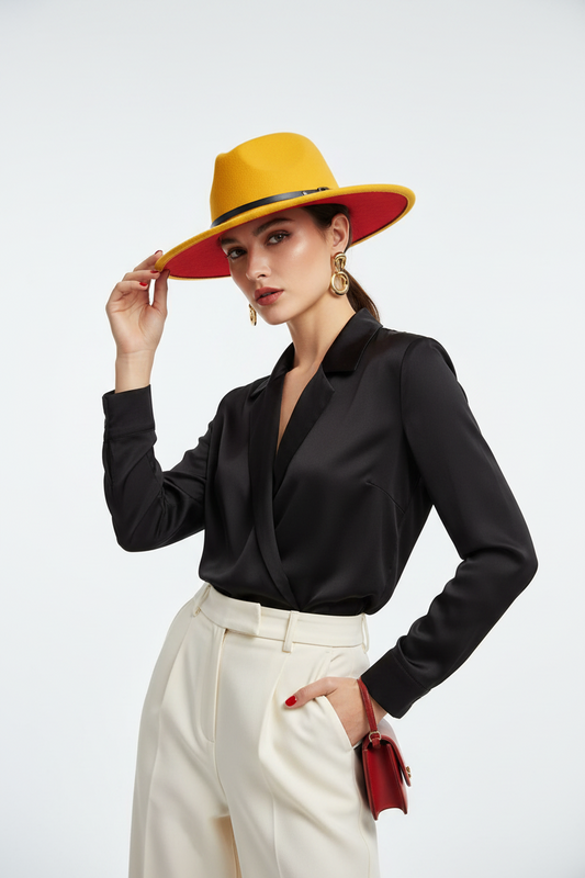Marcy Wool Felt Bell-Shaped Top Hat, Large Brim (Unisex)