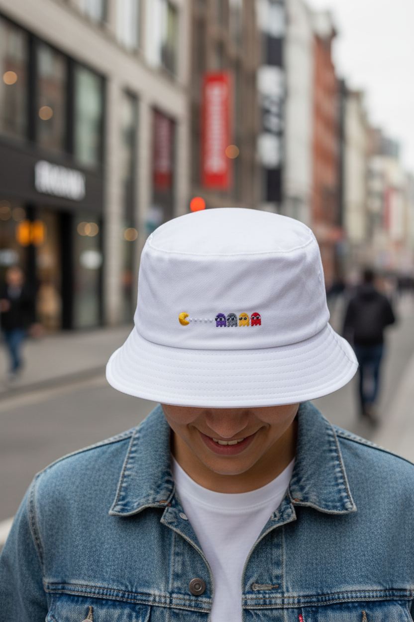 White bucket hat with colorful logo on a white background